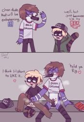 2boys blue_jay blush boys clothes comic comic_panel cute_face gay masturbation mordecai mordecai_(regular_show) precum racoon racoon_tail regular_show rigby rigby_(regular_show) text underwear yaoi