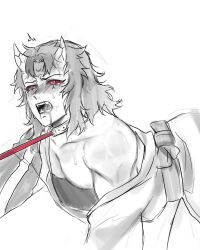 1boy arkdraws13 collar demon_horns demon_slayer doggy_style hantengu implied_anal implied_sex kimetsu_no_yaiba leash leash_and_collar leash_pull long_hair long_hair_male male male_focus male_only on_all_fours red_eyes red_leash red_sclera sekido