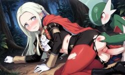 ai_generated breasts cape clothed crossover edelgard_von_hresvelg female fire_emblem fire_emblem:_three_houses gallade garreg_mach_monastery_uniform gloves hair_ribbon holding_ass long_hair long_sleeves lying_down pantyhose penis_out pokemon pokemon_(species) purple_eyes pussy red_cape ribbon torn_clothes uniform vagina white_hair