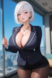 1girls ai_generated blue_eyes blush bob_cut business_attire business_woman cleavage_window large_breasts leggings lewdwaifulaifu looking_at_viewer neck_lenght_hair office office_clothing office_lady short_hair slim_waist thick_thighs unbuttoned_shirt white_hair wide_hips