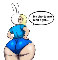 1girls adventure_time ass big_ass blonde_hair bottom_heavy breasts bubble_butt butt_crack clothing female fionna_and_cake fionna_campbell fionna_the_human_girl goldeneyensfw hands_on_hips huge_ass human looking_back shorts thick_ass thick_thighs tight_clothing white_background wide_hips