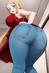 ai_generated ass_focus big_ass big_breasts blonde_hair blonde_hair blue_jeans blush busty creatures_(company) curvy denim_jeans female female female_only from_behind from_below game_freak hand_on_ass hi_res highres jeans legs looking_at_viewer looking_back looking_down milf nintendo oleana_(pokemon) pokemon pokemon_(game) pokemon_ss pokemon_trainer red_dress seraphim_ai smile solo stable_diffusion thick_thighs tight_jeans