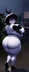 1girls adult_swim ai_generated bbw big_ass big_breasts bottomless bra bubble_butt chubby creepy_susie forest forest_background goth goth_girl holding_own_breast looking_at_viewer looking_back night the_oblongs thick_thighs walking_away