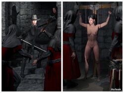 1girls 3boys 3d before_and_after black_hair bondage bound bound_wrists clothed_male_nude_female completely_nude completely_nude_female nude nude_female shytimide sword weapon