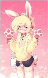 1boy 2d blonde_hair bunny_ears easter eggs elf elf_ears elf_male femboy furry hoodie_(artist) max_(hoodie) short_hair solo thighhighs