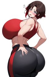 1girls ai_generated alternate_breast_size ass big_ass big_butt blush blushing_at_viewer bubble_butt female female_only goldencum34 hands_on_ass huge_breasts human ruby_rose rwby solo sports_bra yoga_pants