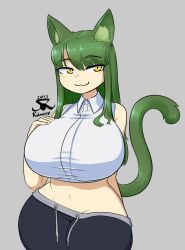 :3 baggy_pants big_breasts cat_ears cat_humanoid cat_tail catgirl curvy curvy_body curvy_female curvy_figure eyebrows_visible_through_hair female female_focus female_only green_fur green_hair kalmoire large_breasts light_skin light_skinned_female midriff original_character pants_falling_down slim_waist solo solo_female solo_focus tail thick_thighs thin_waist wide_hips yellow_eyes