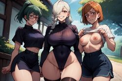 3girls ai_generated big_breasts breasts brown_hair green_hair highleg huge_breasts jujutsu_kaisen kugisaki_nobara medium_breasts mei_mei_(jujutsu_kaisen) milf nervous nipples rose_spread shirt_lift skirt stable_diffusion stockings tagme uniform v_shape white_hair white_shirt zenin_maki