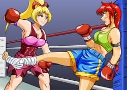 2girls ayane's_high_kick ayane_mitsui belly belly_punch big_breasts blonde_hair colored doujin doujinshi female female_focus female_only fist large_boobs large_breasts multiple_girls red_eyes red_hair ryona sakurako_miyagawa