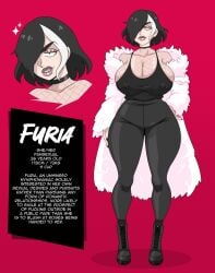 big_breasts black_hair black_nails blush boots collar fishnet_shirt fluffy_jacket furanh furia_(furanh) goth latex light-skinned_female looking_at_viewer nipples_bulge nipples_visible_through_clothing pale-skinned_female pierced_nipples sharp_teeth smiling white_hair