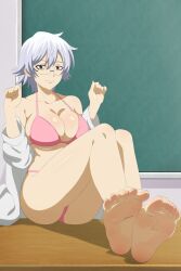 barefoot big_breasts bikini blackboard class_3-z classroom cleavage desk feet female female_only foot_fetish foot_focus full_body genderswap_(mtf) ginko_sakata gintama gintoki_sakata glasses labcoat looking_at_viewer off_shoulder official_alternate_costume open_jacket pink_bikini red_eyes rule_63 short_hair sitting smile solo teacher underboob white_hair zorzero