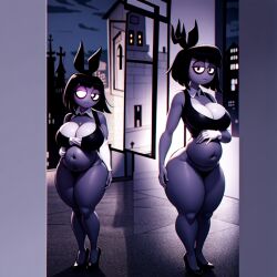 2girls adult_swim ai_generated belly bra chubby chubby_female creepy creepy_susie glowing_eyes goth goth_girl high_heels holding_belly looking_at_viewer pupilless_eyes tall tall_female the_oblongs thick_thighs thong town