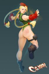 1girls ass big_ass blonde_hair boots braided_hair cammy_white capcom female female_only green_leotard katoyo85 leotard light-skinned_female slap_mark solo solo_female street_fighter street_fighter_v thighs