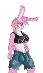 1futa 2019 3_fingers anthro athletic balls balls_outline big_bulge breasts buckteeth bulge clothed clothing demon dickgirl flaccid front_view fur futanari grin hair hi_res horn intersex lagomorph long_ears looking_at_viewer lust_(madlag) madlag mammal midriff muscular navel penis penis_outline pink_fur poking_out pose rabbit shirt shorts signature smile solo solo_focus standing tank_top teeth tight_clothing