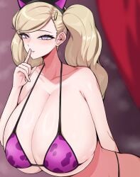 1girls alternate_breast_size ann_takamaki arms_behind_back big_breasts bikini bikini_top blonde_female blonde_hair blue_eyes blush breasts_bigger_than_head breasts_bigger_than_torso cat_ears cleavage cognitive_ann covering_breasts curvy curvy_female curvy_figure enormous_breasts female female_only finger_on_mouth gigantic_breasts heart heart-shaped_pupils huge_breasts leopard_print_bikini looking_at_viewer massive_breasts persona persona_5 persona_5_royal pink_bra shin_megami_tensei symbol-shaped_pupils tiger_drop top_heavy top_heavy_breasts twintails voluptuous voluptuous_female