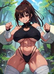 abs ai_generated bandaged_arm bandaged_leg bandages bangs bare_shoulders breasts brown_hair cameltoe cleavage cleavage_cutout clenched_hands clothing clothing_cutout day erect_nipples female female_only forest grin highleg large_breasts long_hair looking_at_viewer mabi_ai muscle muscular_female nature navel nipples original original_character outdoors pantsu ponytail red_eyes sky smile solo standing teeth thick_thighs thighs tied_hair tree underboob underwear