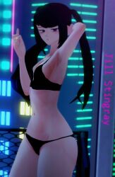 1girls black_hair cigarette city cityscape half-closed_eyes hands_behind_head julianne_stingray koikatsu lingerie long_hair looking_at_viewer open_mouth partially_clothed ponytail solo solo_female solo_focus spiritofrei tagme text tired tired_eyes twintails va-11_hall-a