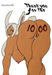 all_fours animal_ears animal_humanoid animal_tail anus areola big_breasts breasts completely_nude cotton_tail dark_body dark_skin eyelashes female franchico1994 fur genitals hair hi_res huge_breasts humanoid lagomorph lagomorph_humanoid leporid_humanoid long_hair looking_at_viewer looking_back looking_back_at_viewer mammal mammal_humanoid miruko muscular muscular_female my_hero_academia nipples pink_areola pink_nipples pubes pussy rabbit_humanoid rear_view red_eyes rumi_usagiyama simple_background solo text thick_thighs tongue tongue_out white_background white_body white_fur white_hair white_pubes wide_hips writing_on_butt