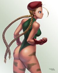 1girls ass big_ass blonde_hair blue_eyes braided_hair cammy_white capcom female female_only green_leotard hybridmink leotard simple_background solo solo_female street_fighter white_background