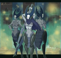 arthropod ass big_breasts black_eyes breasts cloak clothing featureless female group hollow_knight insect_abdomen insects jojo_reference mantis mantis_lord melee_weapon nipples non-mammal_breasts nude pussy vuko-jebina weapon