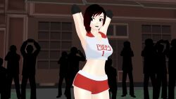 1girls 3d armpits arms_behind_head big_breasts black_hair breasts busty confident female female_only grey_eyes hi_res large_breasts midriff navel open_mouth pose posing ruby_rose rwby sexy_armpits short_hair shorts smile solo sportswear tank_top