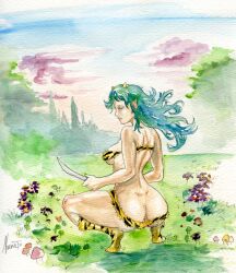 anus anus_only anus_peek bikini bikini_bottom_down green_hair lum normalt squatting traditional_media_(artwork) urusei_yatsura watercolor_(artwork)