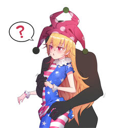 1girls ? absurdres american_flag american_flag_legwear american_flag_shirt breasts clothed clownpiece dress dress_lift erect_nipples female groping highres nipple_tweak skirt skirt_lift small_breasts tagme touhou