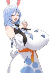 apron big_breasts black_shirt blue_hair braid breasts breasts_bigger_than_head bunny_tail curvy detached_sleeves hololive hololive_fantasy hololive_japan huge_breasts milf open_mouth pekomama rabbit_ears undershirt virtual_youtuber white_apron