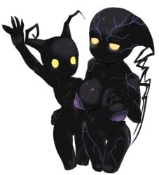 2girls areolae black_nipples black_skin body_markings breasts collarbone cowboy_shot demon demon_girl duo female female_only front_view gesture glowing_eyes hairless_pussy hand_on_another's_hip heartless highres horns humanoid inverted_nipples kingdom_hearts looking_at_viewer man0. multiple_girls navel neoshadow nipples nude puffy_nipples purple_nipples pussy shadow_(heartless) simple_background small_breasts thigh_gap veins waving white_background yellow_eyes