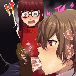 !? 2boys :> @_@ black_shirt blush brown_hair commentary_request cum erection eyelashes fellatio female from_side glasses gloves glowing_pupils goro_akechi hair_between_eyes heart heart-shaped_pupils highres hypnosis kasumi_yoshizawa large_penis long_hair male_focus mind_control multiple_boys open_mouth oral penis persona persona_5 persona_5_royal profile red_eyes red_hair ren_amamiya shirt short_hair sound_effects speech_bubble spoken_heart steam sumire_yoshizawa symbol-shaped_pupils teba_motoko translation_request veins veiny_penis voyeurism wide-eyed yaoi yaoi_with_female_audience