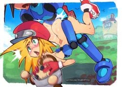 ambiguous_penetration ass blonde_hair blush blush_lines boots brown_hair cabbie_hat data_(mega_man) disabledfetus doggy_style from_behind grabbing_from_behind green_eyes hat human_penetrated mega_man mega_man_legends mega_man_volnutt nude_female open_mouth outdoors robot robot_on_human robot_penis roll_caskett sex sex_machine spiky_hair standing_doggy_style standing_sex tears tongue tongue_out