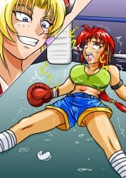 2girls ayane's_high_kick ayane_mitsui belly belly_punch big_breasts blonde_hair colored crying crying_with_eyes_open doujin doujinshi female female_focus female_only fist large_boobs large_breasts multiple_girls red_eyes red_hair ryona sakurako_miyagawa saliva saliva_drip saliva_string saliva_trail tears tears_of_pain