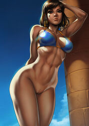 1girls abs alternate_costume arms_behind_back bikini bikini_top blizzard_entertainment blue bottomless dandon_fuga dark-skinned_female dark_skin egypt egyptian female looking_at_viewer muscles no_panties overwatch pharah