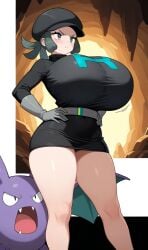 ai_generated angry big_breasts breasts cave criminal crobat female green_hair pokemon team_rainbow_rocket_grunt_(female) teamrocktgrl thick_thighs