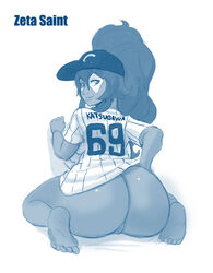 ass barefoot baseball_cap bedroom_eyes big_ass big_hair bottomless carmessi facial_tattoo feet huge_ass looking_back monochrome no_panties no_pants presenting_hindquarters rear_view short_sleeves sidelocks soles sports_uniform sportswear subtle_pussy vertical_stripes zeika zeta_saint