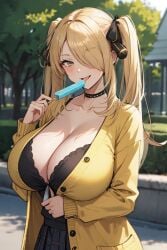 1girls ai_generated blonde_hair breasts choker cleavage cynthia_(pokemon) female flyingpancake huge_breasts light-skinned_female light_skin long_hair naughty_face nintendo outdoors pokemon pokemon_dppt school_uniform schoolgirl stable_diffusion teasing_viewer twintails