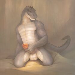 anthro balls crocodilian half-closed_eyes hi_res humanoid_penis klongi kneeling lizard male male_only masturbation nude penile_masturbation penis precum red_eyes reptile scales scalie sharp_teeth smile solo teeth