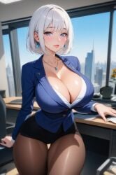 1girls ai_generated blue_eyes blush bob_cut business_attire business_woman cleavage_window huge_breasts leggings lewdwaifulaifu looking_at_viewer neck_lenght_hair office office_clothing office_lady short_hair slim_waist thick_thighs unbuttoned_shirt white_hair wide_hips