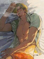 blonde_hair cigarette cigarette_smoke eyebrows facial_hair from_above goatee guillartee hair_over_one_eye holding_cigarette holding_object human_artist male male_only muscular muscular_male no_ai on_back on_bed one_piece open_shirt smoke smoking smoking_cigarette solo underwear viewfinder vinsmoke_sanji