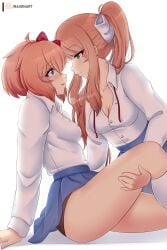 black_panties black_underwear blue_dress blue_eyes blush boob_window bow doki_doki_literature_club dress green_eyes holding_leg long_hair medium_breasts monika_(doki_doki_literature_club) panties raionart red_bow ribbon sayori_(doki_doki_literature_club) school_uniform shipping short_hair smiling_at_another socks thighs underwear white_background white_ribbon white_skin yuri