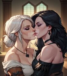 2girls ai_generated black_hair ciri clothing female kissing light-skinned_female neetaiweeb purple_eyes the_witcher_(series) the_witcher_3:_wild_hunt white_hair yennefer yuri