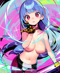 1girls areolae belly belly_button blowing_kiss blue_hair blunt_bangs bodysuit breasts collar eyebrows_visible_through_hair himehajime king_of_fighters kula_diamond long_hair looking_at_viewer nipples onono_imoko red_eyes shunin smile snk topless yellow_gloves zipper