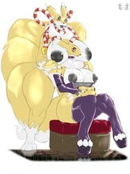 anthro big_breasts breasts clothing curvaceous digimon digimon_(species) duo female footwear hi_res high_heels huge_breasts inverted_nipples kyubimon legwear makeup nipples platform_footwear platform_heels pussy renamon rohan_scribe shoes sitting standing thick_thighs thigh_highs wide_hips