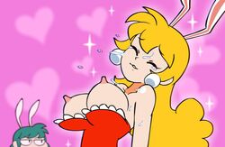 akane_(parodius) bimbo blonde_hair breasts bunny_ears bunnysuit busty cleavage closed_eyes earrings enjoying heart heart_background hikaru_(parodius) konami minus8 nipples parodius parodius_animation_(minus8) pink_background sparkle sparkles sweat unimpressed video_games voluptuous