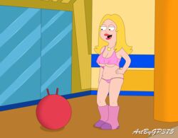 1girls accurate_art_style american_dad blonde_hair cleavage exercise_ball female francine_smith gp375 innie_pussy lipstick long_hair nipple_bulge solo sports_bra tagme thong