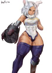 1girls amputee big_breasts breasts bunny_ears dark-skinned_female dark_skin duffmox female female_focus female_only hero_outfit_(mha) legs miruko muscles muscular muscular_female muscular_thighs my_hero_academia rumi_usagiyama thick_thighs thighhighs thighs white_background white_hair