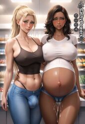 1futa 1girls after_sex ai_generated ashamed big_belly big_breasts blonde_hair blush brown_hair brown_skin bulge cathy_powers cumflation dark-skinned_female dripping_cum friends full_body fully_clothed futa futa_on_female futa_wife futanari hi_res inflation oozing_cum original_character penis_bulge portrait pregnant self_upload supermarket