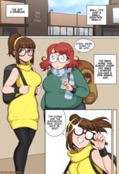 2girls afrobull backpack big_breasts breasts brown_hair chubby chubby_female cleavage college comic comic_page female female_only fully_clothed funny_sign glasses green_sweater hairband large_breasts leggings light-skinned_female light_skin maddie_(afrobull) nerd original original_character original_characters page_1 ponytail red_eyes red_hair round_glasses scarf school sleeveless_sweater sleeveless_turtleneck speech_bubble steph_(afrobull) sweater text yellow_sweater