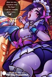 ass_focus big_ass cafe english_text female female_focus league_of_legends looking_back maid maid_uniform morgana panties pantyshot poposhirat revealing_clothes stockings surprised sweat text upskirt