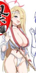 allied_hyakkiyako_academy_student areola_slip blonde_hair blue_archive blue_eyes breasts clearite cute_fang female female_pubic_hair festival_operations_department_(blue_archive) fundoshi hachimaki hair_over_one_eye happi highres japanese_clothes large_breasts multicolored_hair navel pina_(blue_archive) pubic_hair pussy simple_background sketch streaked_hair white_background yamakasa